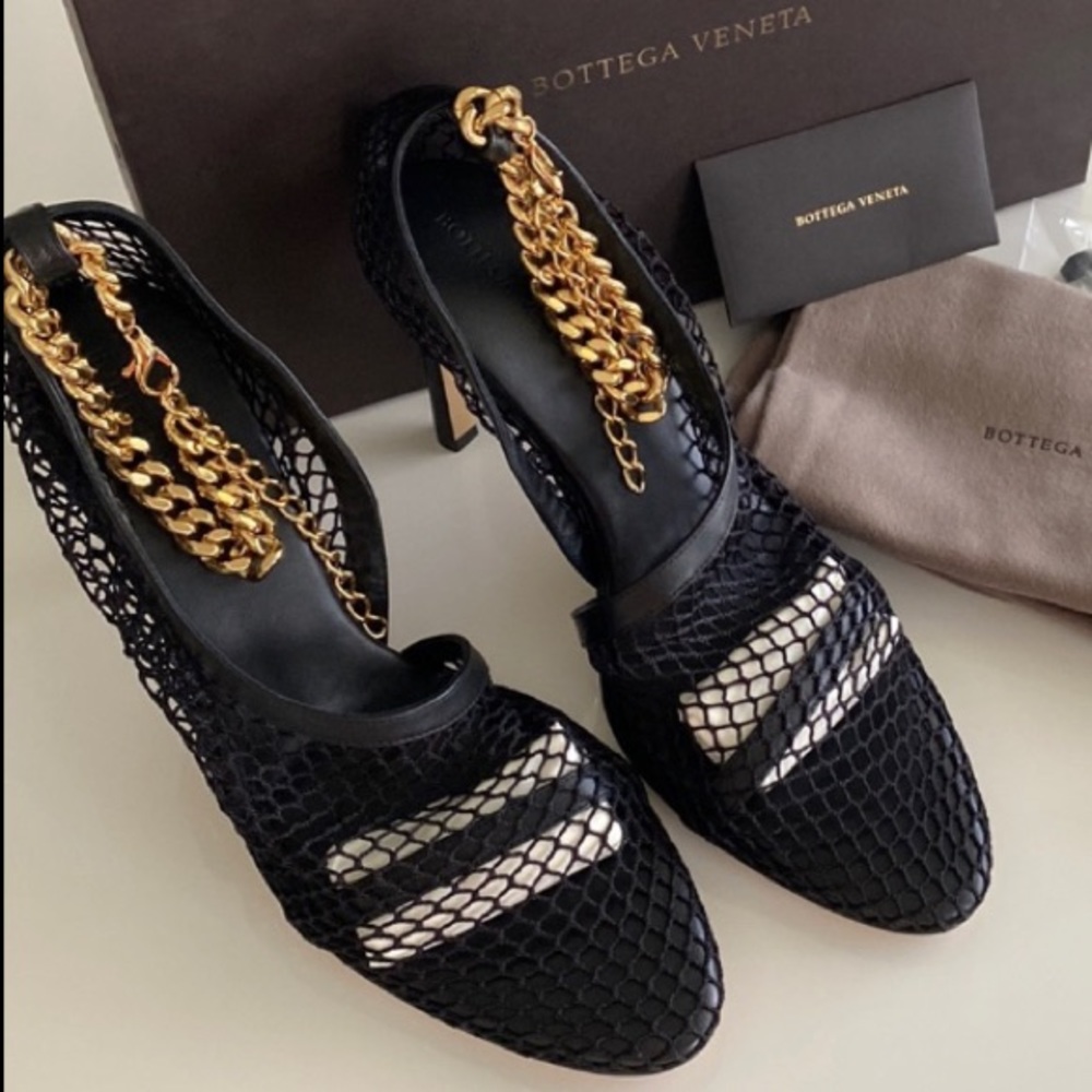 Bottega Veneta Sand Tex Pumps Mesh Gold-Tone Chain Ankle Strap New - Picture 3 of 13